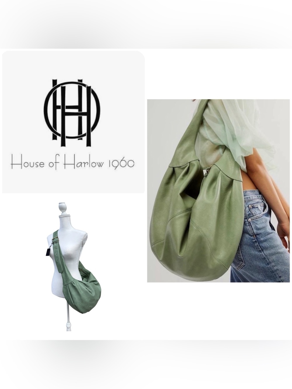 NWT $118 House of Harlow 1960 Green oversized Slouchy Vegan Leather Hobo Bag